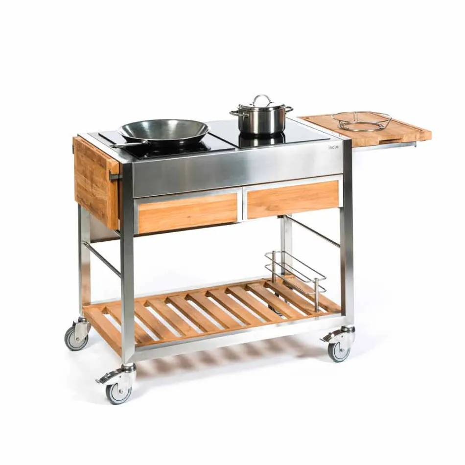 Modernt utomhusträdgårdskök på trä- och stålhjul - Buoncalliope Viadurini