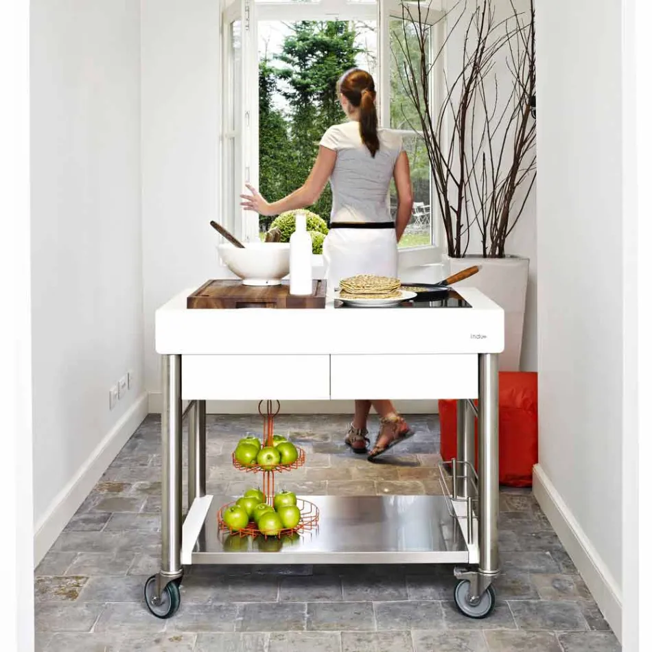 Modernt kök på hjul för utomhusträdgård i trä och stål - Calliope Viadurini