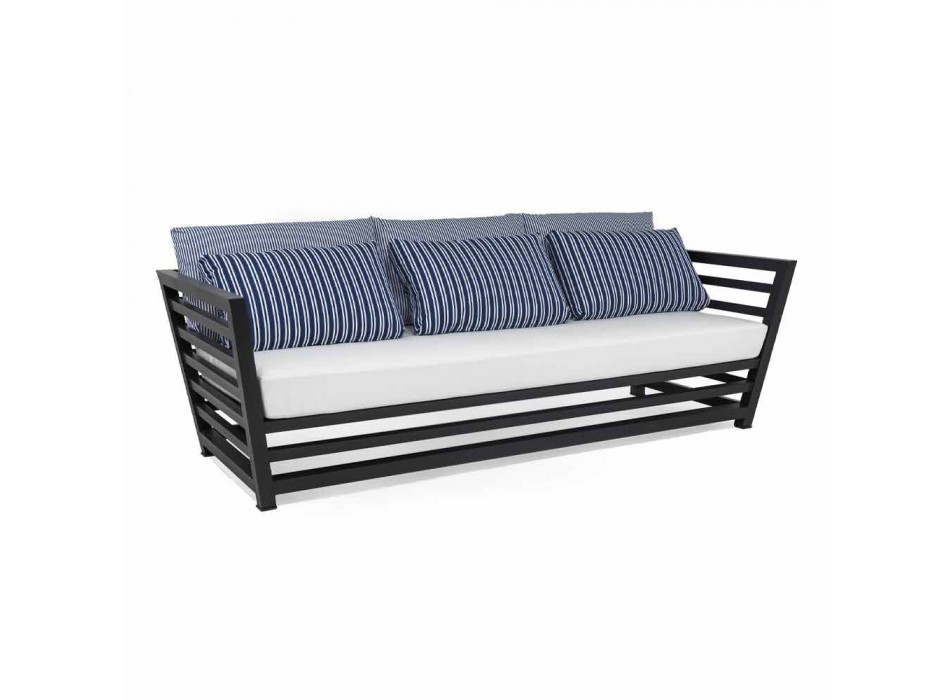 3-sits soffa utomhus i vita eller svarta kuddar av aluminium och blått - Cynthia Viadurini