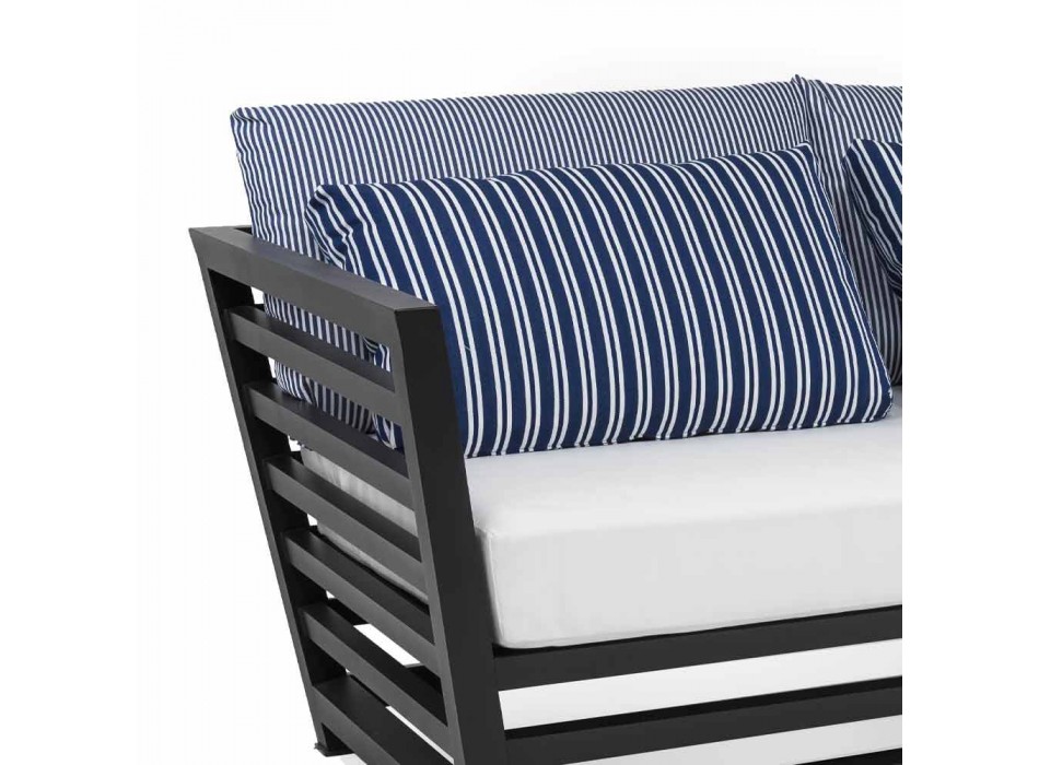 3-sits soffa utomhus i vita eller svarta kuddar av aluminium och blått - Cynthia