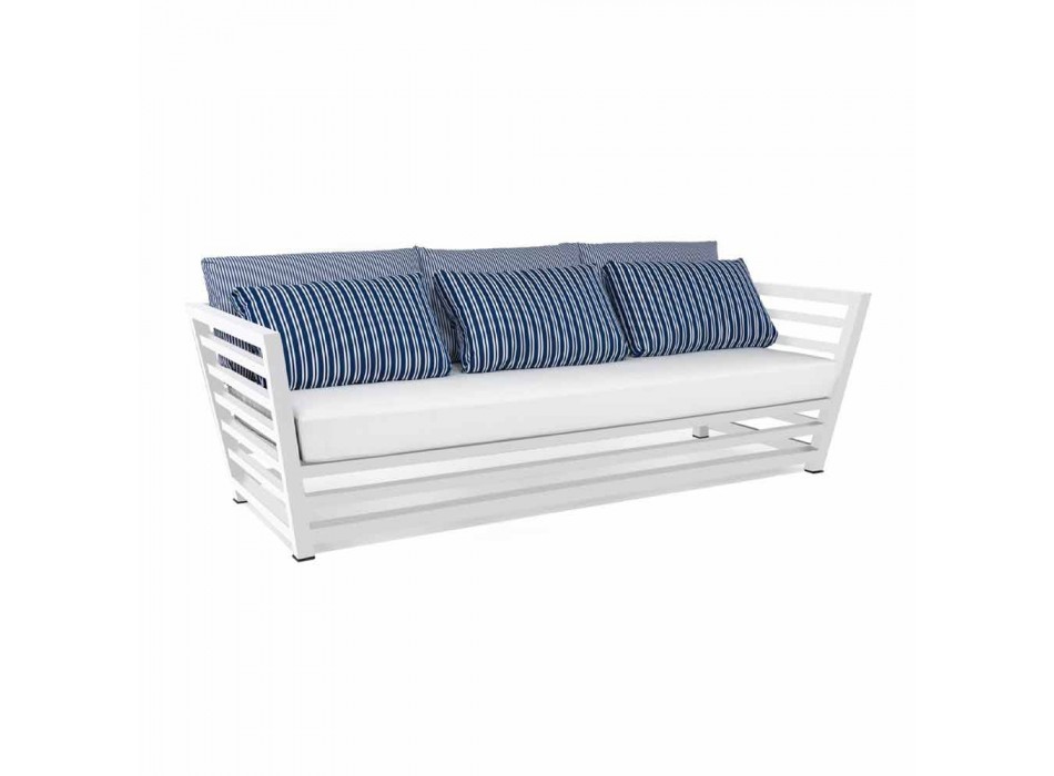 3-sits soffa utomhus i vita eller svarta kuddar av aluminium och blått - Cynthia