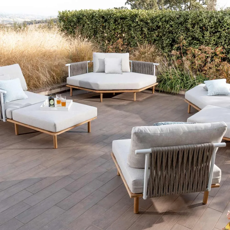 Hexagonal trädgårdshörnsoffa i teak och rep - Bellatrix Viadurini