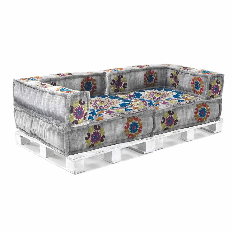 Vadderad tvåsits etnisk soffa i lapptyg och träfiber Viadurini