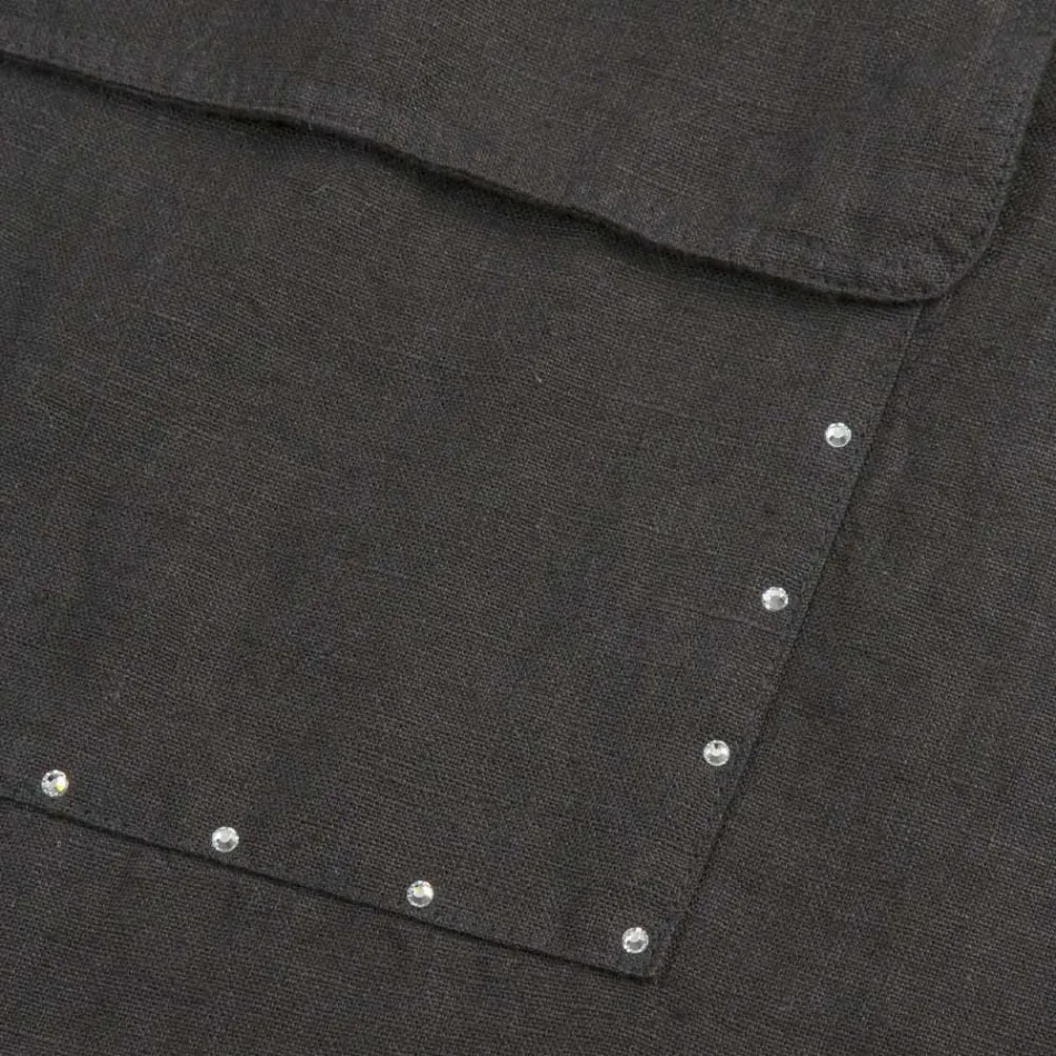 Svart linne köksförkläde med kristaller Låg modell med ficka - Klicka Viadurini