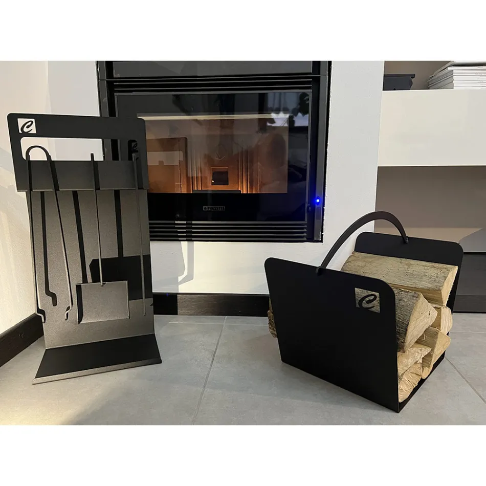 Uppsättning av designverktyg för öppen spis i svart stål Tillverkad i Italien - Ostro Viadurini