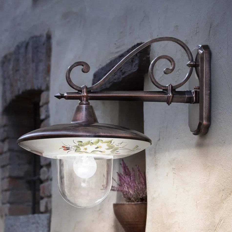 Trädgårdsvägglampa i svart aluminium handmålade blommor - latin Viadurini