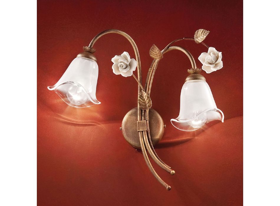 Vägglampa 2 lampor i järn och glas med ros i keramik - Siena Viadurini