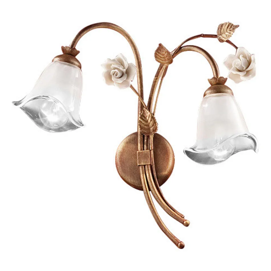 Vägglampa 2 lampor i järn och glas med ros i keramik - Siena Viadurini