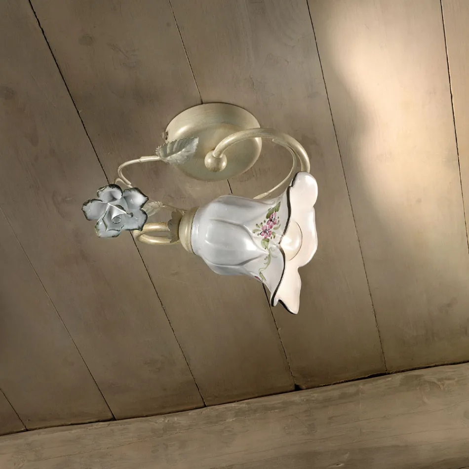 Taklampa i metall och keramik med handmålad ros - Pisa Viadurini