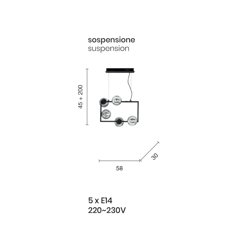 Hänglampa med 5 lampor i metall och modernt blåst glas - Birga Viadurini
