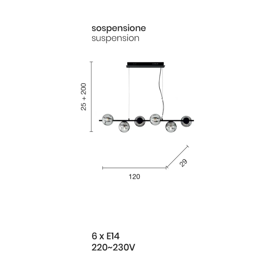 Hänglampa med 6 lampor i metall och modernt blåst glas - Birga Viadurini