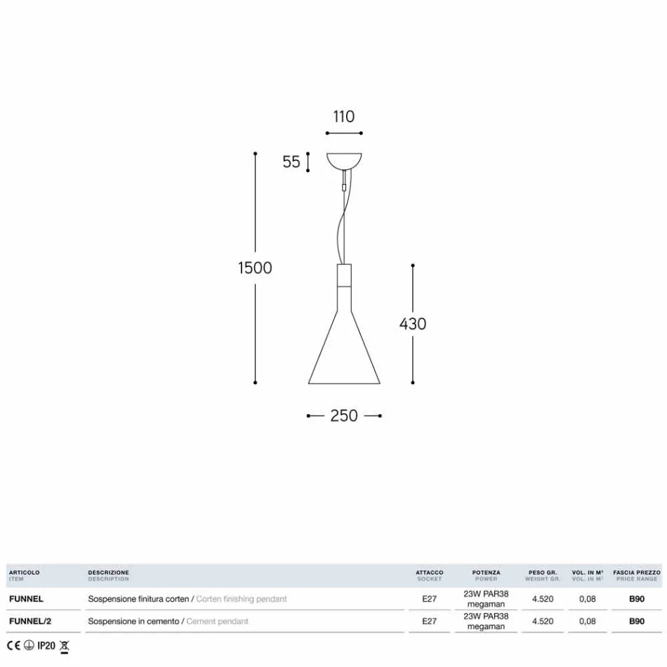Lampa cementsuspension Tratt Aldo Bernardi Viadurini