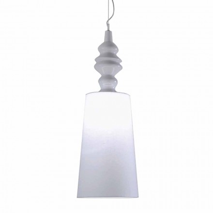 Upphängningslampa i vit keramisk lampskärm i linne lång design - Cadabra Viadurini