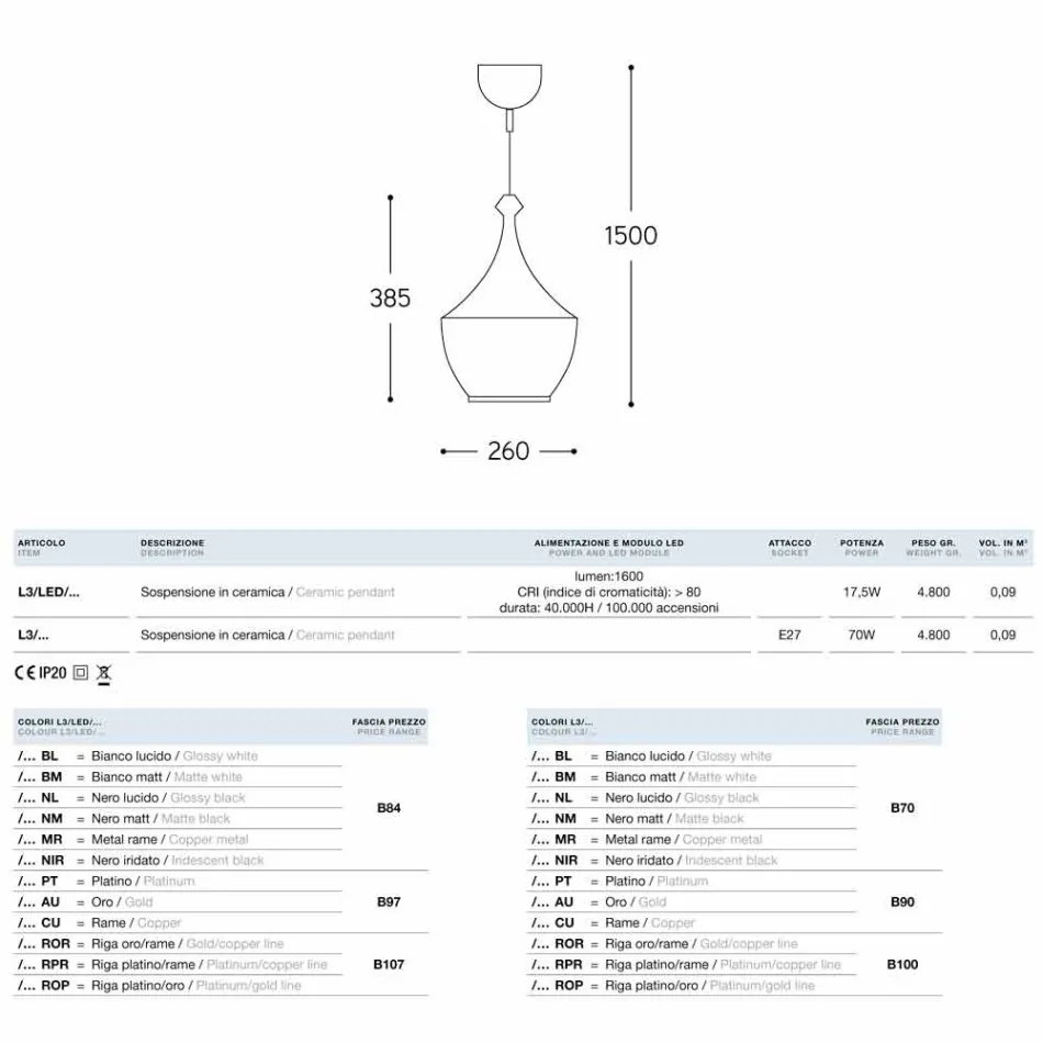 Lampa keramisk suspension Den Lustri 3 Aldo Bernardi Viadurini