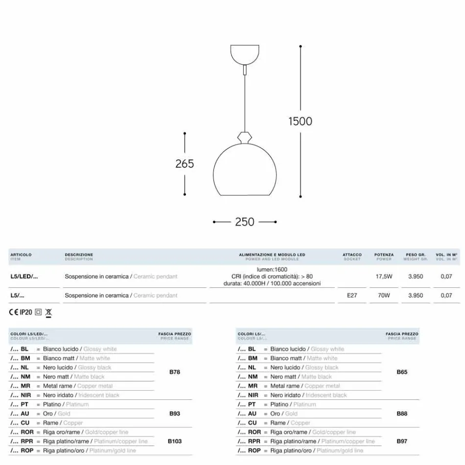 Upphängnings lampa keramisk glasyr, med rosett till 2 utgångar vid 180 ° Viadurini