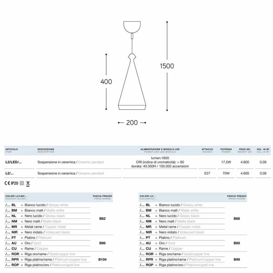 Lampa keramiska suspension lyser 2 Led eller Standard Viadurini