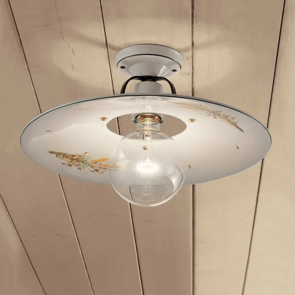 Taklampa i järn och handdekorerad råkeramik - Bologna Viadurini