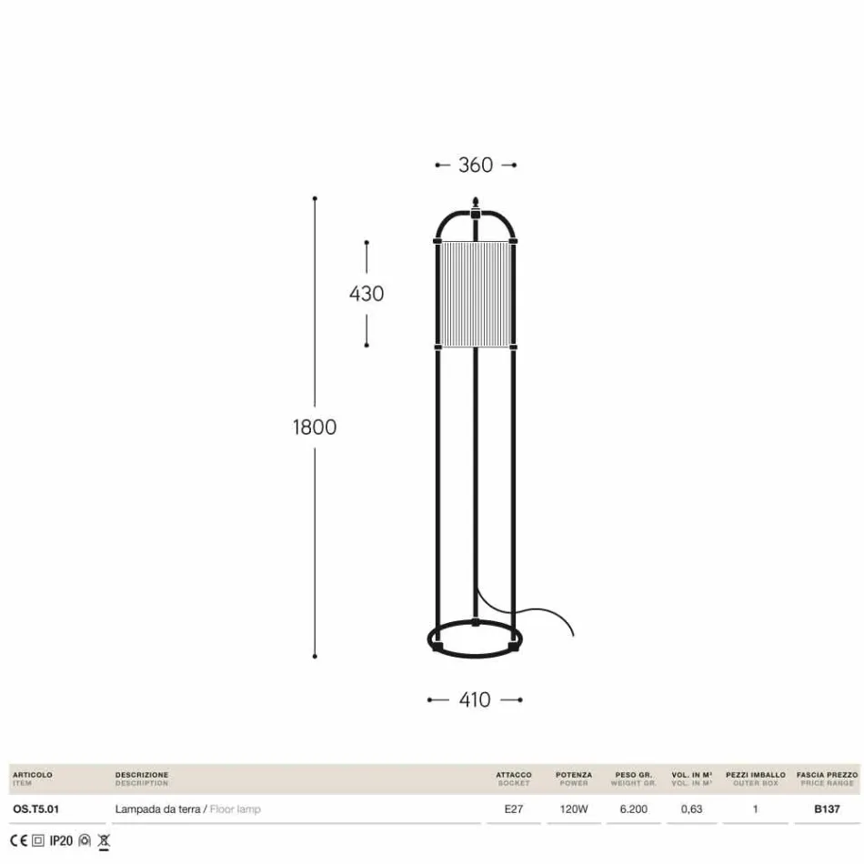 Traditionell golvlampa i mässing och tyg Hua Hika Viadurini