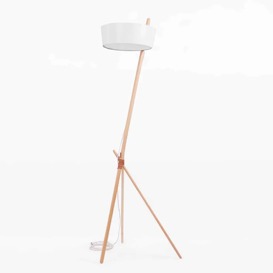 Golvlampa i trä och metall med detaljer i vegansk läder - Avetta Viadurini