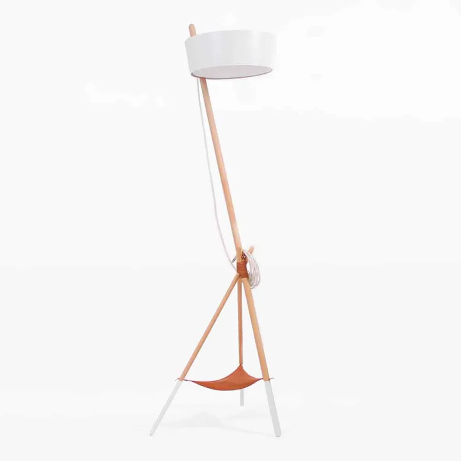 Golvlampa i trä och metall med detaljer i vegansk läder - Avetta Viadurini