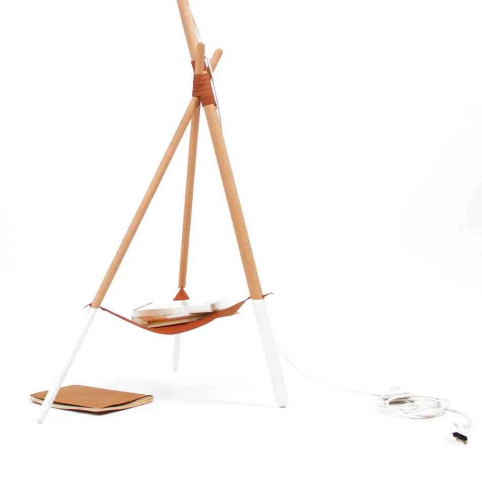 Golvlampa i trä och metall med detaljer i vegansk läder - Avetta Viadurini