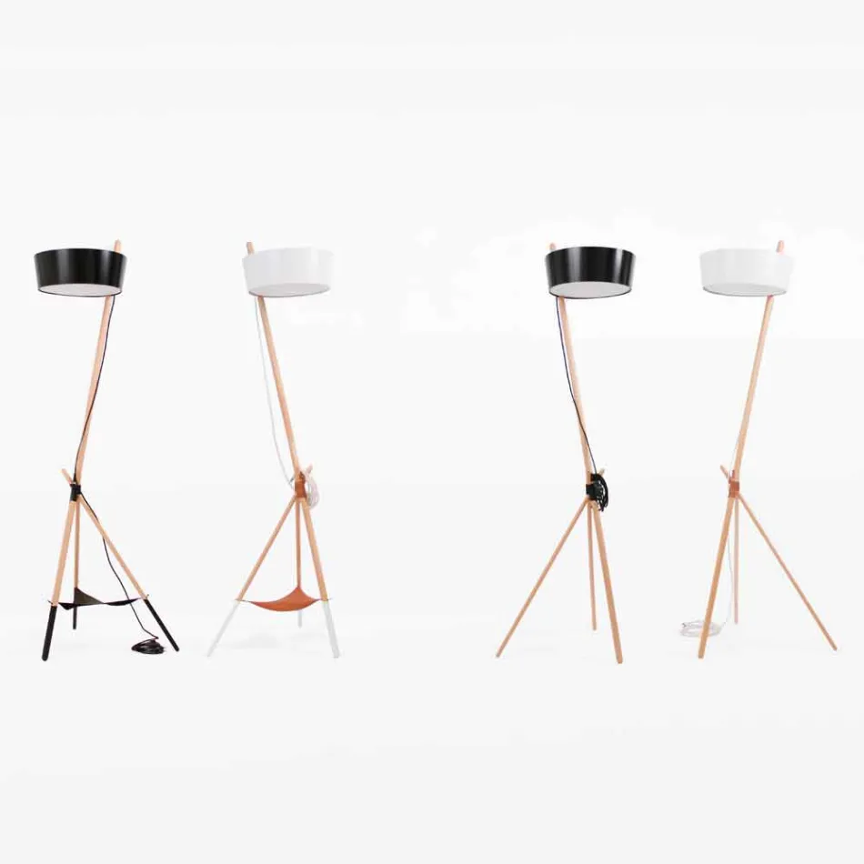 Golvlampa i trä och metall med detaljer i vegansk läder - Avetta Viadurini