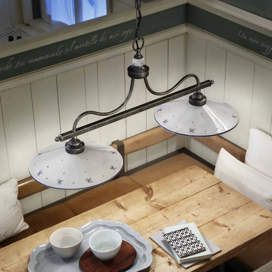 Hänglampa med 2 lampor i handmålad keramik och järndesign - Asti Viadurini