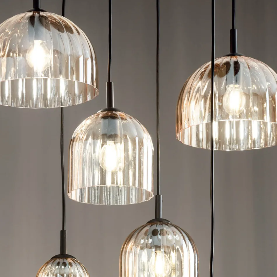 Upphängd lampa i blåst randigt glas och målad metall - Giuliano Viadurini