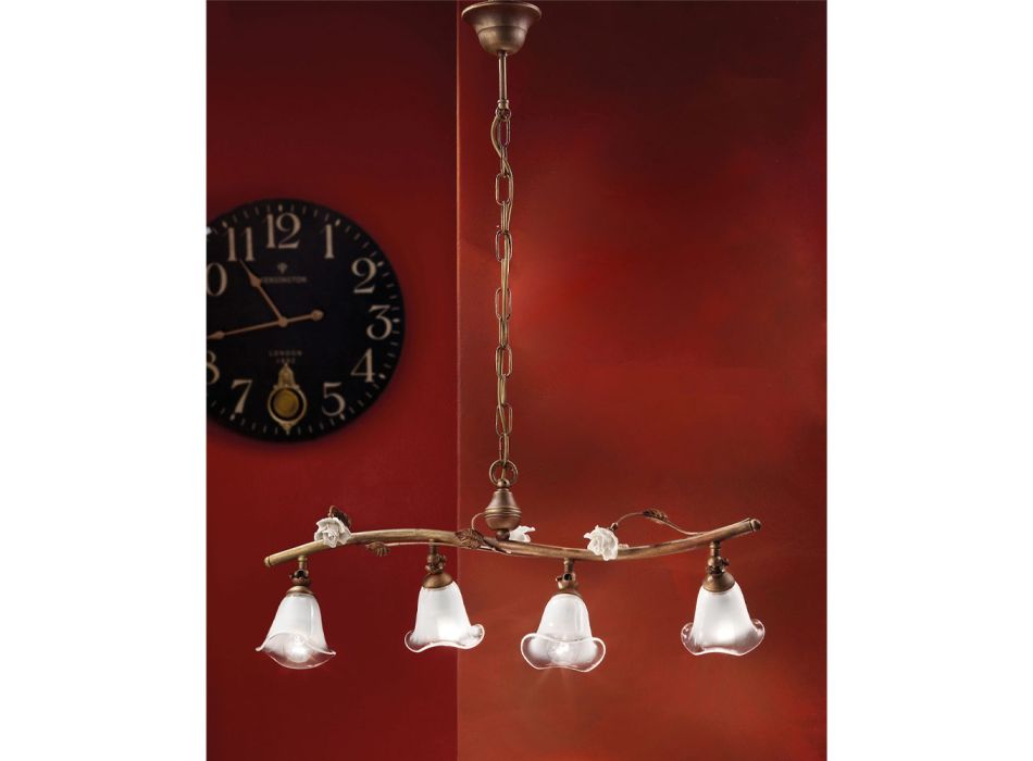 Linjär upphängd lampa 4 lampor i järn, glas och keramiska rosor - Siena Viadurini