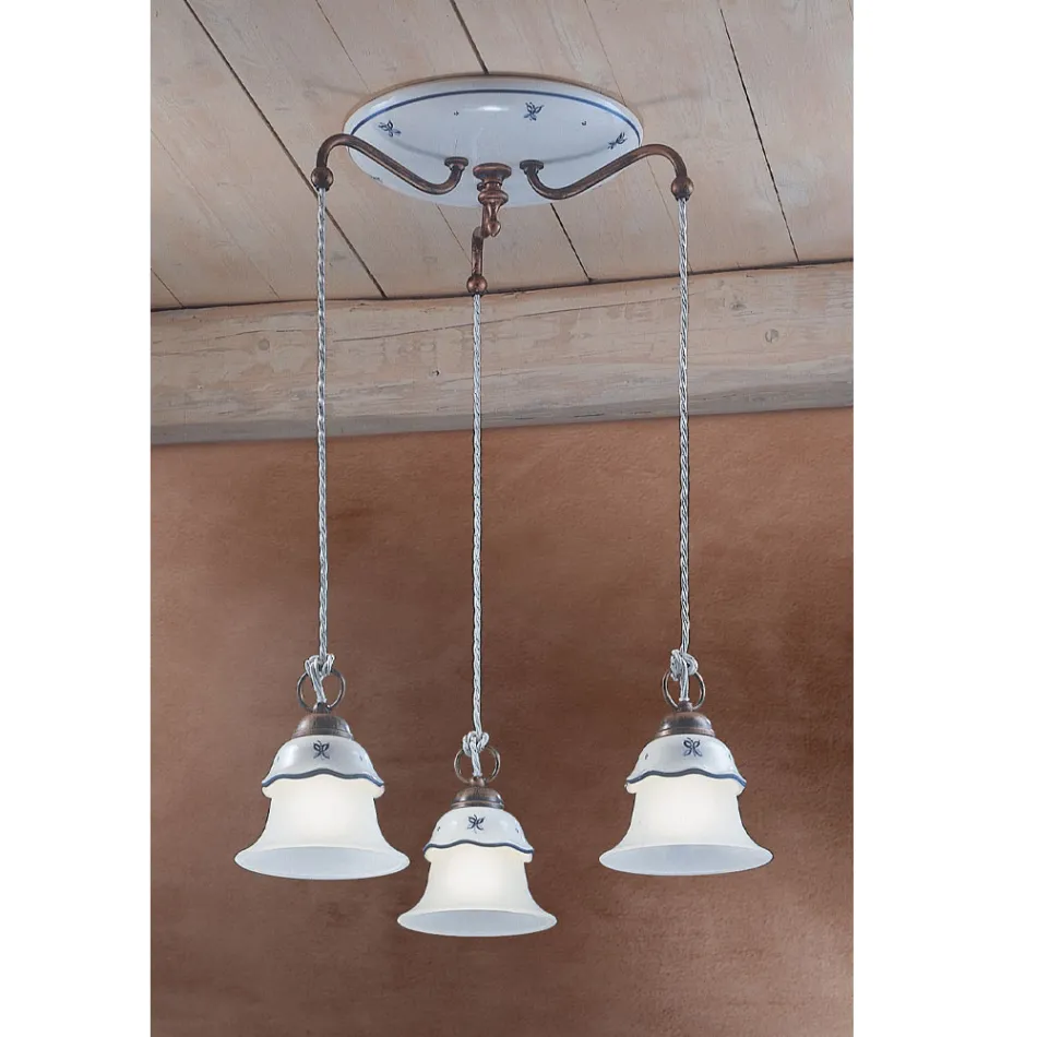 Rund hänglampa i järn, glas, handmålad keramik - Ferrara Viadurini