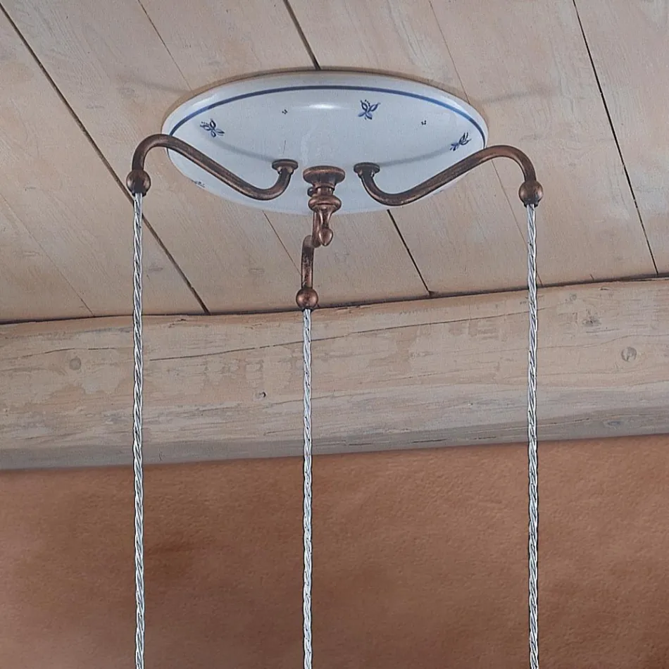 Rund hänglampa i järn, glas, handmålad keramik - Ferrara Viadurini