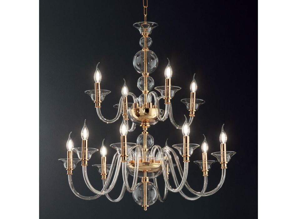 Klassisk ljuskrona 12 lampor i italienskt handgjort glas och metall - Memore Viadurini