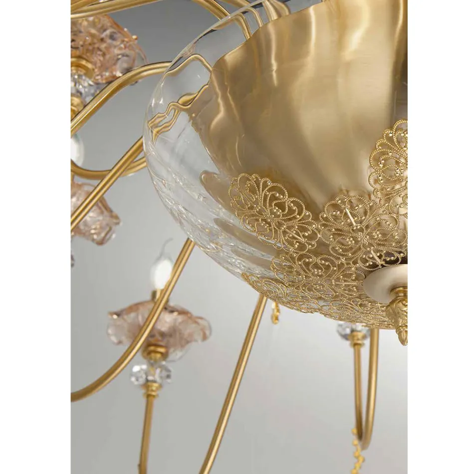 Klassisk ljuskrona med 12 ljus i glas, kristall och lyxmetall - Flandern Viadurini