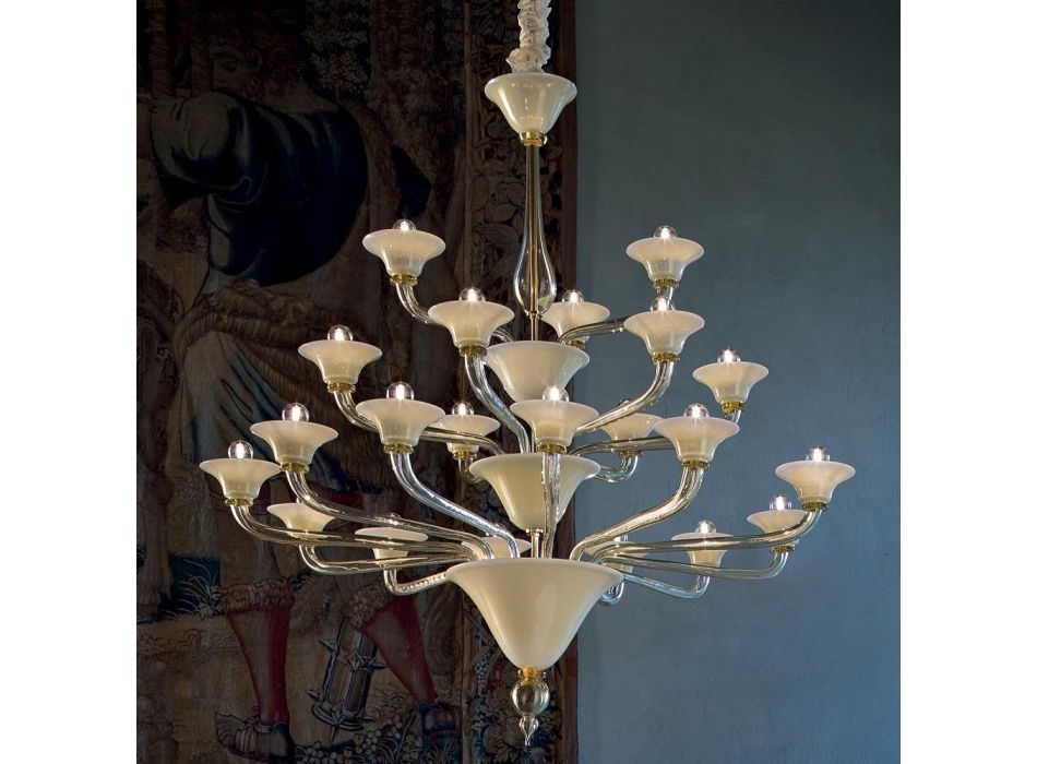 Ljuskrona 21 lampor i Venedigglas och guldmetall Tillverkad i Italien - Ismail Viadurini