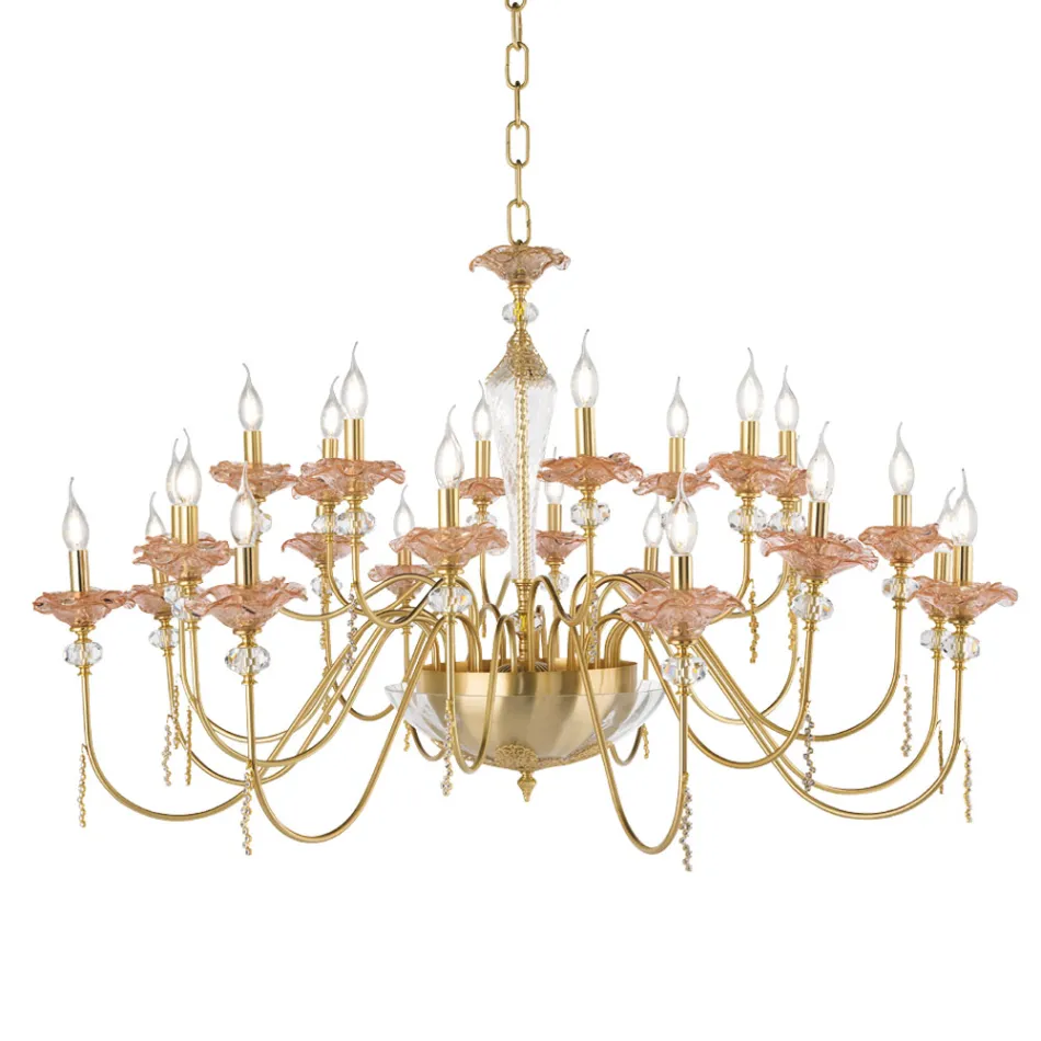 Klassisk ljuskrona med 24 ljus i glas, kristall och lyxmetall - Flandern Viadurini