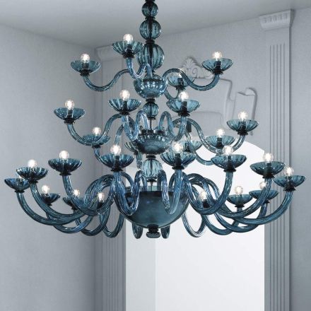 Handgjorda ljuskrona 28 lampor i blått venetianskt glas och metall - Foscarino Viadurini