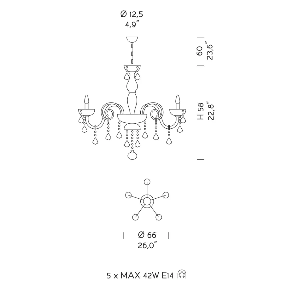 5 ljus ljuskrona i venetianskt glas och metall klassisk - florentinsk stil Viadurini