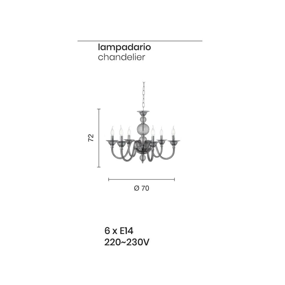 Klassisk ljuskrona 6 ljus rökt glas Handgjord italiensk och metall - Memore Viadurini