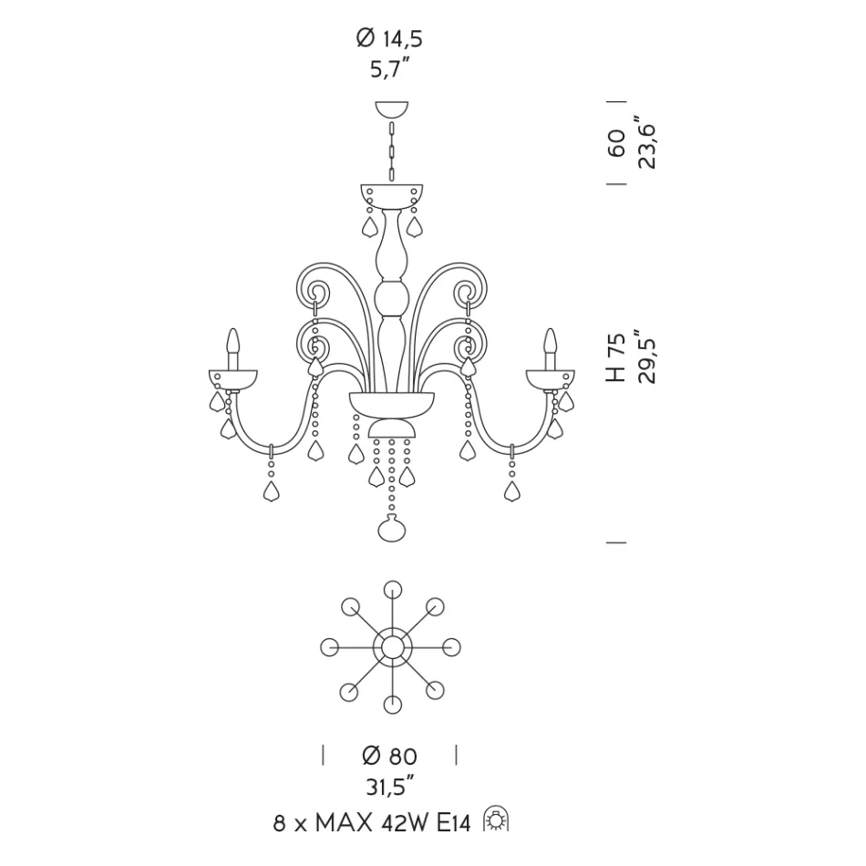 Klassisk ljuskrona 8 lampor i venetianskt glas tillverkad i Italien - florentinsk Viadurini