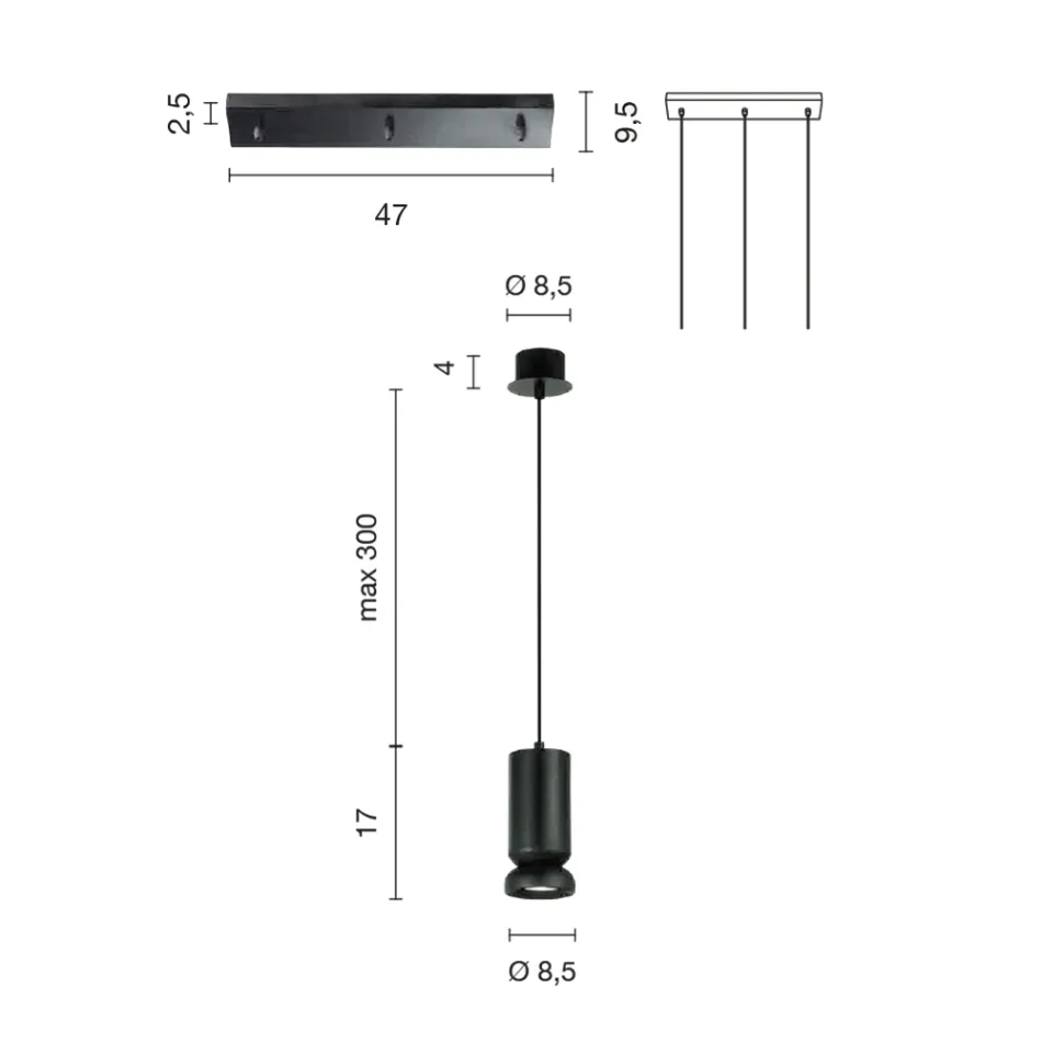 Ljuskrona med 3 lysdioder i pulverlackerad aluminium och justerbar kabel - Buxus Viadurini