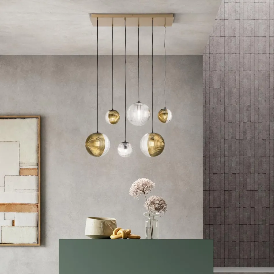 Ljuskrona med 6 lampor i blåst glas i form av en sfär tillverkad i Italien - Prilla Viadurini