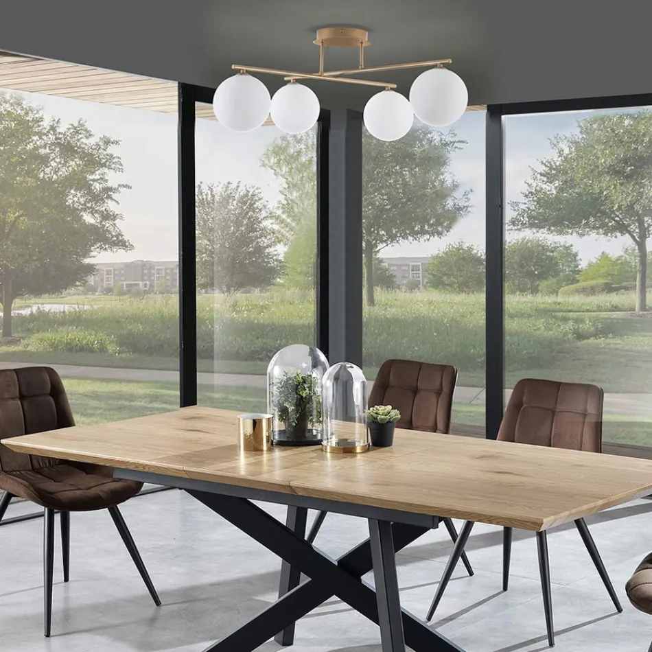 Ljuskrona i metallisk guldmetall och 4 vita glaskulor - Venedig Viadurini