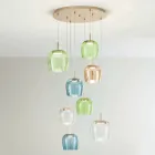 Ljuskrona i guldmålad metall och LED-ljus och färgat glas - avenbok Viadurini