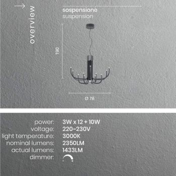 13 lampor LED ljuskrona i vit, svart eller guldmålad metall - Skorpion