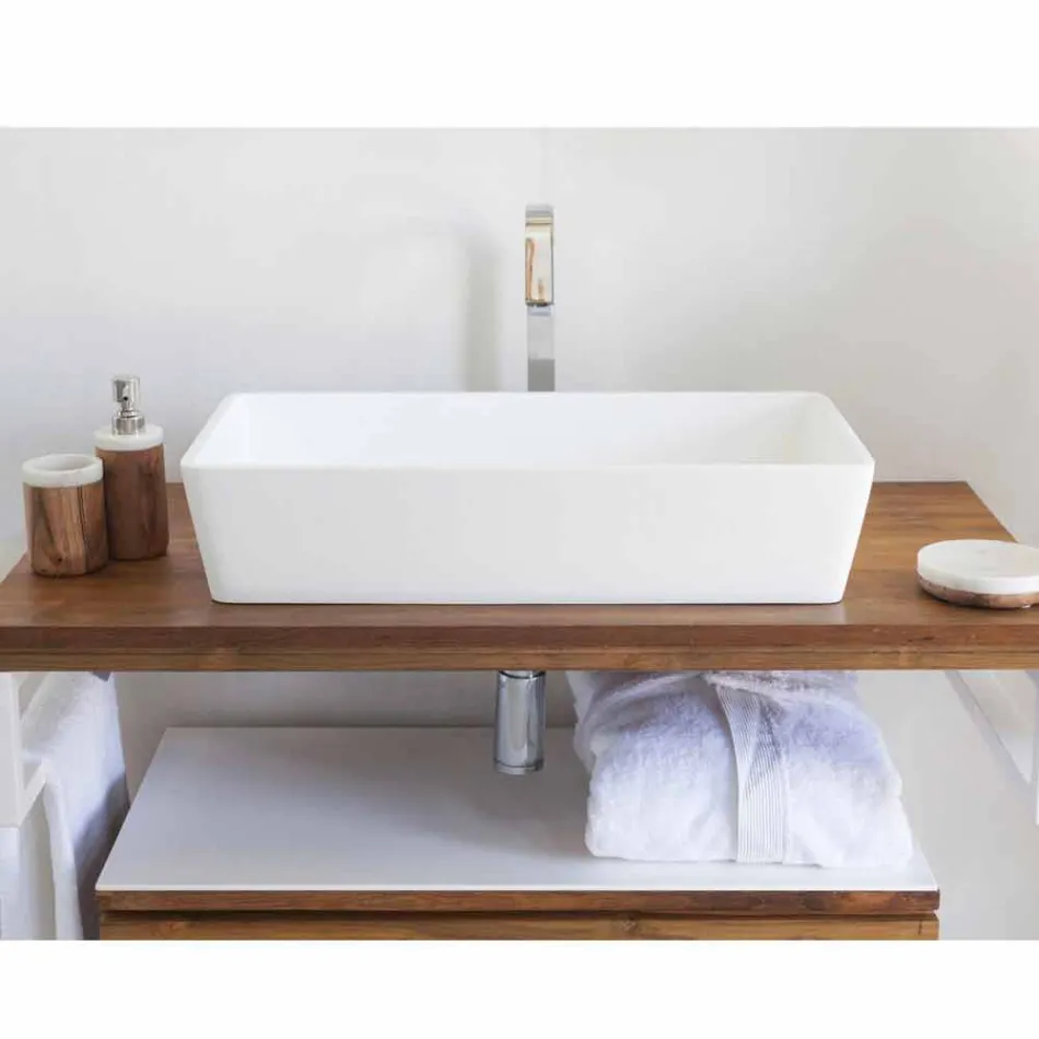 Rektangulär tvättställ i bänkskiva i solid yta vit yta - sidor Viadurini