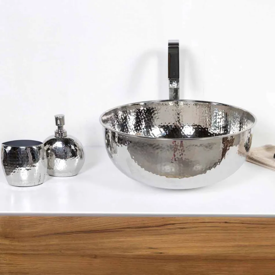 Runt tvättställ för bänkskiva i hamrad krom mässing - diamant Viadurini