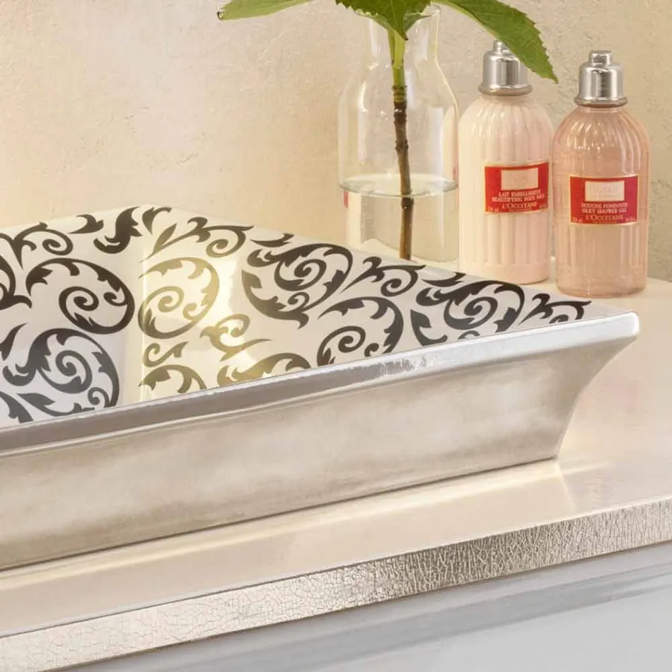 Semi-försänkta badrumsfat dekorerad med hand i eldlera gjord Italien, Guido Viadurini