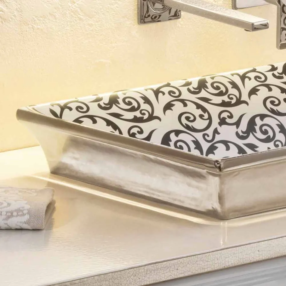 Semi-försänkta badrumsfat dekorerad med hand i eldlera gjord Italien, Guido Viadurini