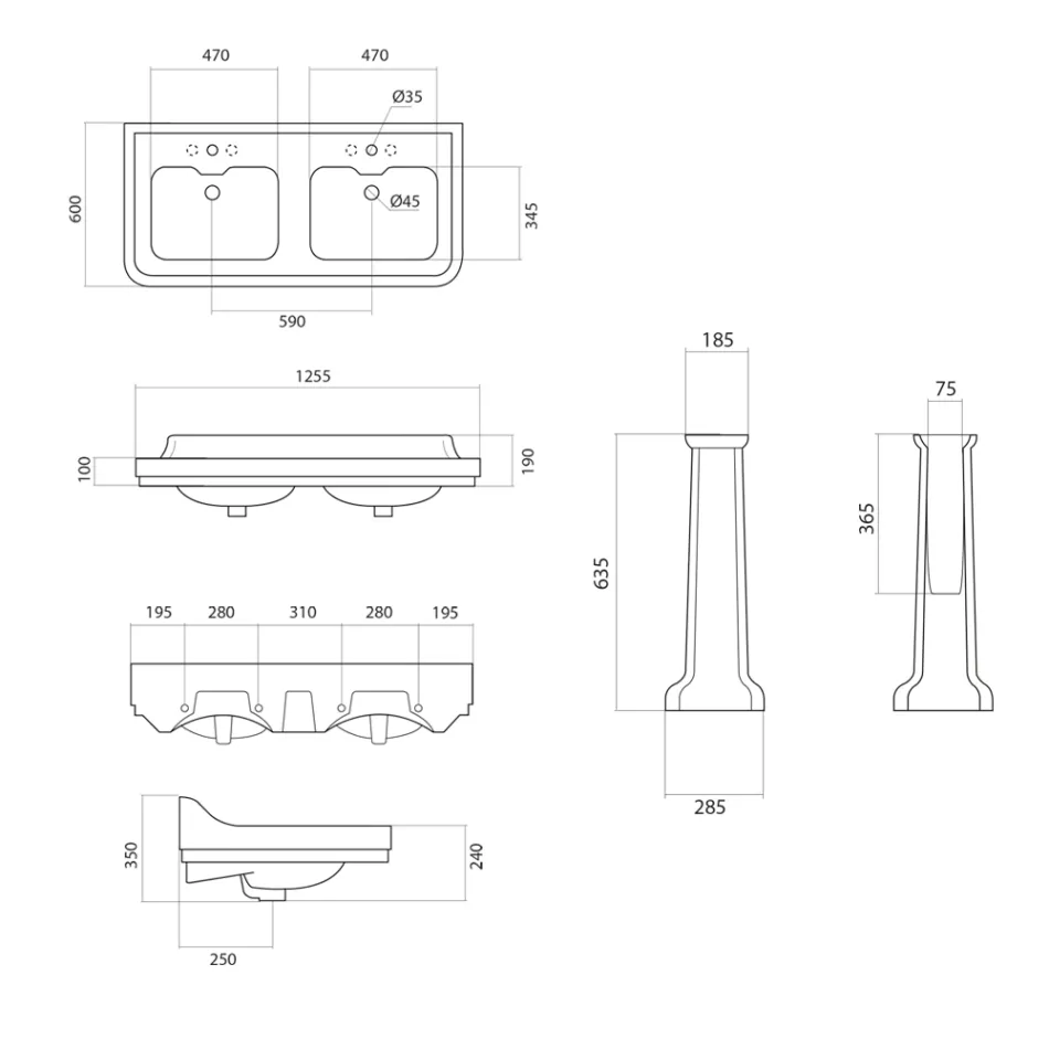Kolumnkonsol Tvättställ i Keramisk Dubbelbassäng Tillverkad i Italien - Wollie Viadurini