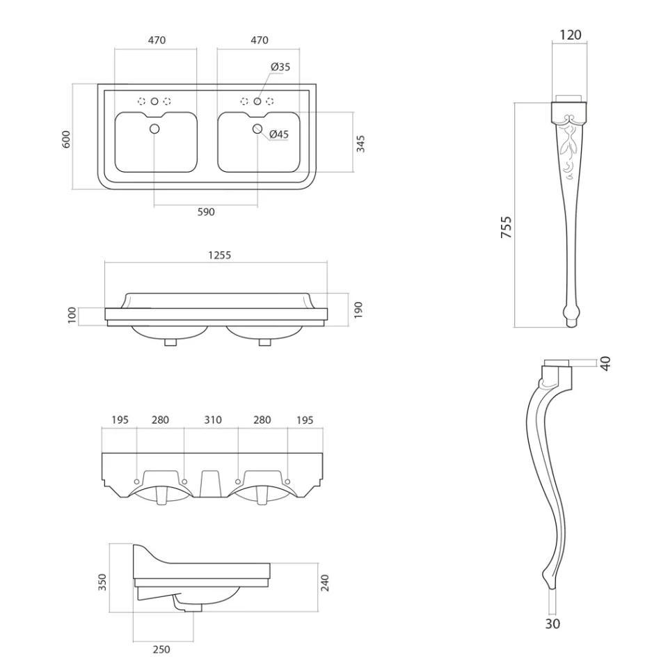 Konsol Handfat i vit keramik med dubbla handfat tillverkad i Italien - Wollie Viadurini